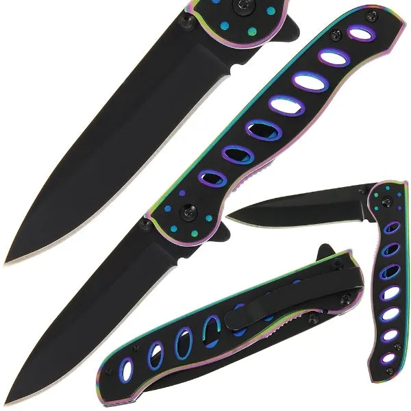 Lock Knife 560 - Two Tone Black and Rainbow with SS Handle