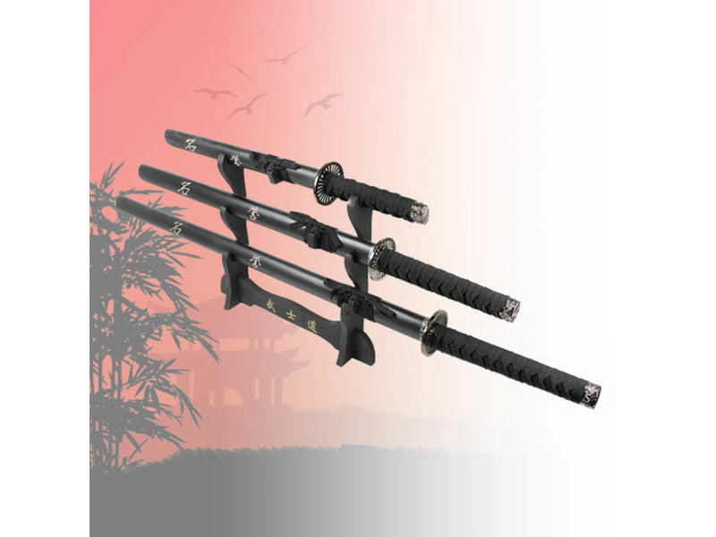 3pc Black Straight Sword Set With Stand